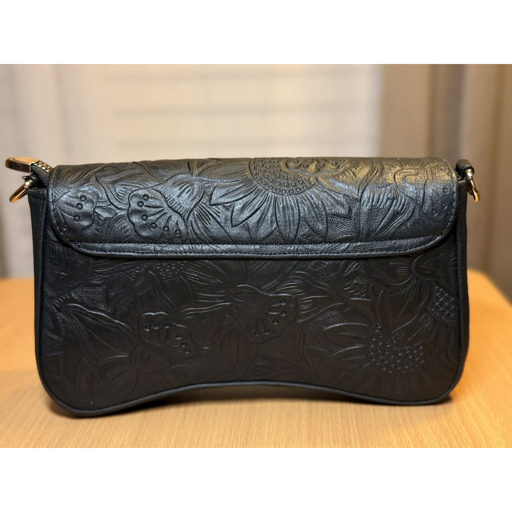 2 Straps Set Black Embossed Tooled Artisan LEATHER Shoulder Bag Crossbody Purse - Picture 6 of 15